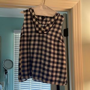 Talbots sleeveless navy and white gingham sleeveless shirt.